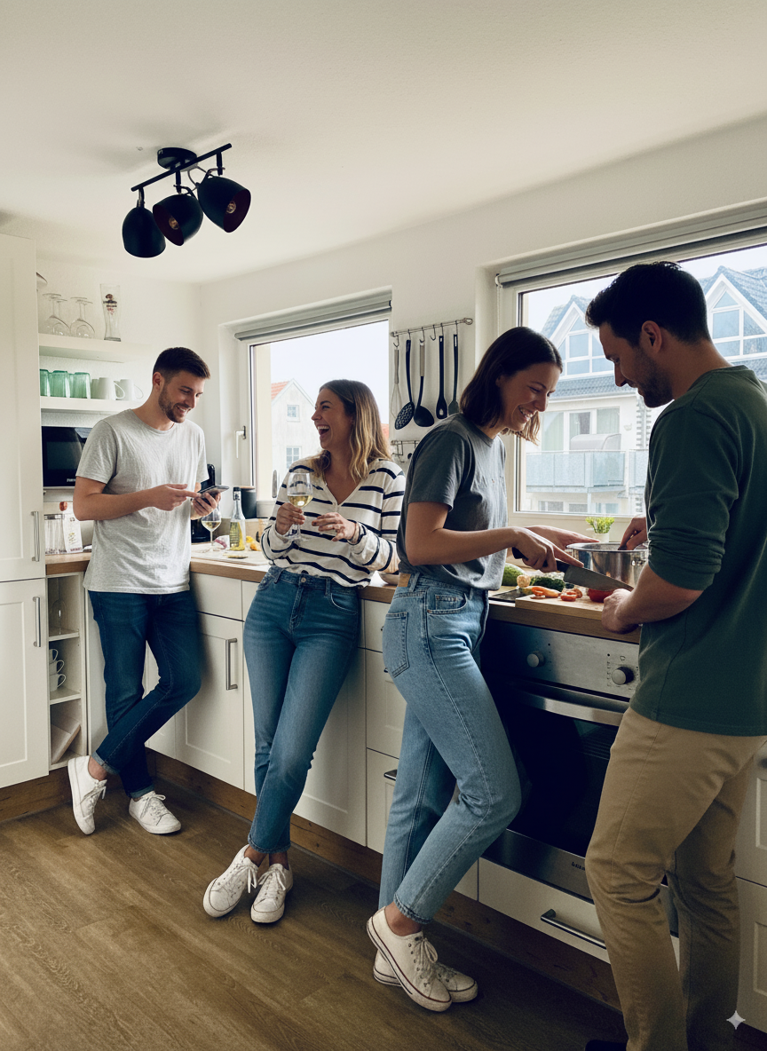 Freunde kochen gemeinsam in Ferienwohnung DECK 7 Wangerooge