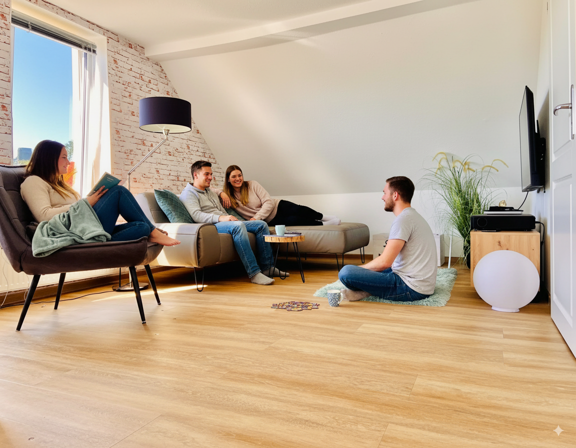 Wohnzimmer Ferienwohnung DECK 7 Wangerooge – gemütlicher Tag mit Freunden